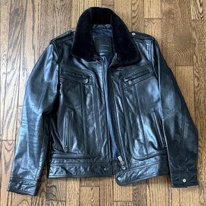 Zara Men's Black Leather Bomber Jacket with detachable Shearling Collar